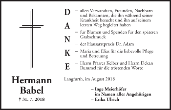 Traueranzeige von Hermann Babel von Dinkelsbühl/ Feuchtwangen