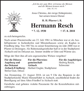 Traueranzeige von Hermann Resch von Dinkelsbühl/ Feuchtwangen