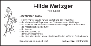 Traueranzeige von Hilde Metzger von Dinkelsbühl/ Feuchtwangen