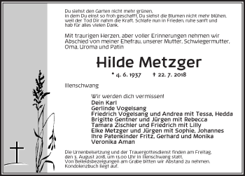 Traueranzeige von Hilde Metzger von Dinkelsbuhl/ Feuchtwangen