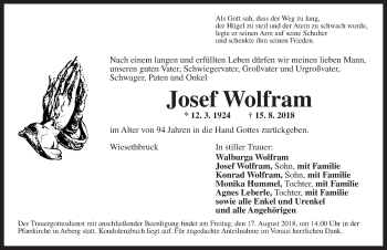 Traueranzeige von Josef Wolfram von Dinkelsbuhl/ Feuchtwangen