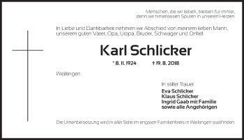 Traueranzeige von Karl Schlicker von Dinkelsbühl/ Feuchtwangen