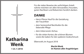 Traueranzeige von Katharina Wenk von Dinkelsbühl/ Feuchtwangen