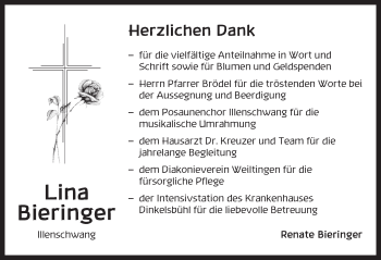 Traueranzeige von Lina Bieringer von Dinkelsbühl/ Feuchtwangen