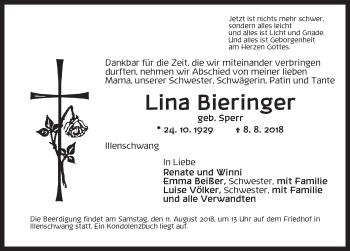 Traueranzeige von Lina Bieringer von Dinkelsbühl/ Feuchtwangen