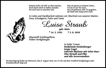 Traueranzeige von Luise Strauß von Rothenburg