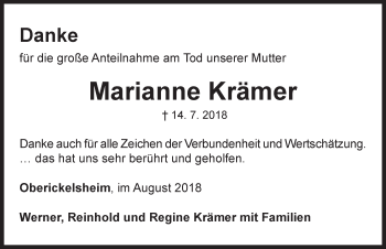 Traueranzeige von Marianne Krämer von Neustadt/ Scheinfeld/ Uffenheim