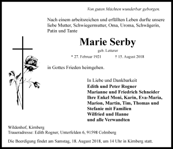 Traueranzeige von Marie Serby von Rothenburg