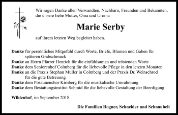 Traueranzeige von Marie Serby von Rothenburg