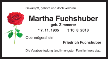 Traueranzeige von Martha Fuchshuber von Dinkelsbühl/ Feuchtwangen