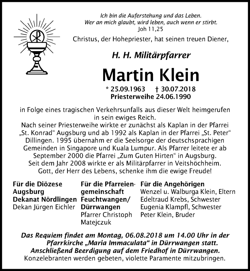  Traueranzeige für Martin Klein vom 03.08.2018 aus Dinkelsbühl/ Feuchtwangen
