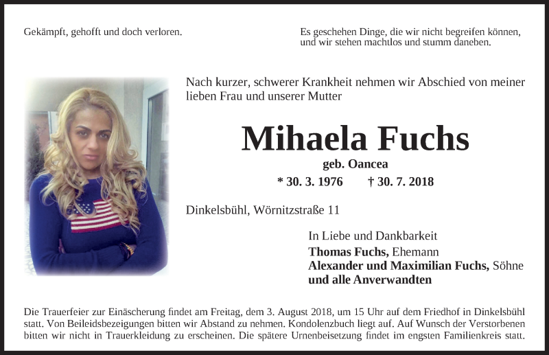  Traueranzeige für Mihaela Fuchs vom 01.08.2018 aus Dinkelsbuhl/ Feuchtwangen