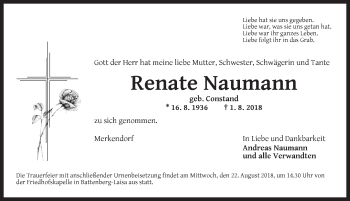 Traueranzeige von Renate Naumann von Ansbach