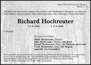 Traueranzeige von Richard Hochreuter von Rothenburg