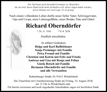 Traueranzeige von Richard Oberndörfer von Rothenburg