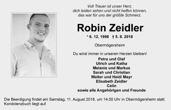 Traueranzeige von Robin Zeidler von Dinkelsbühl/ Feuchtwangen