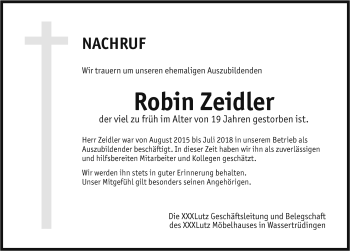 Traueranzeige von Robin Zeidler von Rothenburg