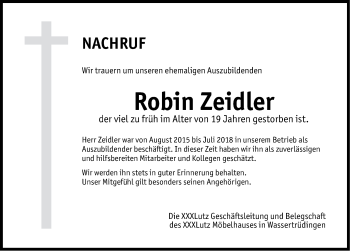 Traueranzeige von Robin Zeidler von Gesamtausgabe