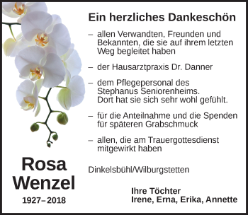 Traueranzeige von Rosa Wenzel von Dinkelsbuhl/ Feuchtwangen