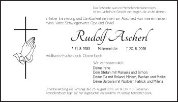 Traueranzeige von Rudolf Ascherl von Ansbach