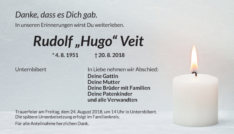  Traueranzeige für Rudolf Hugo Veit vom 22.08.2018 aus Ansbach