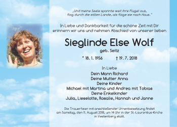 Traueranzeige von Sieglinde Else Wolf von Ansbach