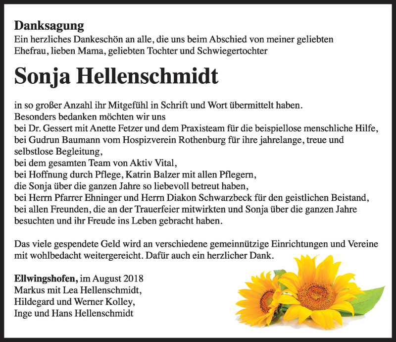  Traueranzeige für Sonja Hellenschmidt vom 22.08.2018 aus Rothenburg