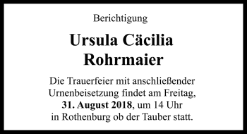 Traueranzeige von Ursula Cäcilia Rohrmaier von Rothenburg