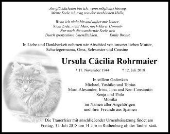 Traueranzeige von Ursula Cäcilia Rohrmaier von Rothenburg