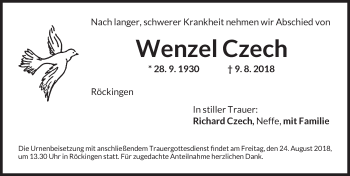 Traueranzeige von Wenzel Czech von Dinkelsbuhl/ Feuchtwangen