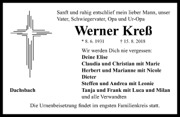 Traueranzeige von Werner Kreß von Neustadt/ Scheinfeld/ Uffenheim