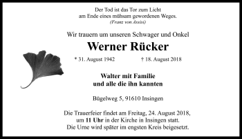 Traueranzeige von Werner Rücker von Rothenburg