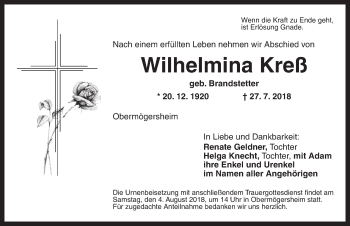 Traueranzeige von Wilhelmina Kreß von Dinkelsbuhl/ Feuchtwangen