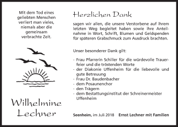 Traueranzeige von Wilhelmine Lechner von Neustadt/ Scheinfeld/ Uffenheim