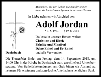 Traueranzeige von Adolf Jordan von Neustadt/ Scheinfeld/ Uffenheim