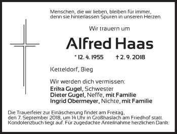 Traueranzeige von Alfred Haas von Ansbach