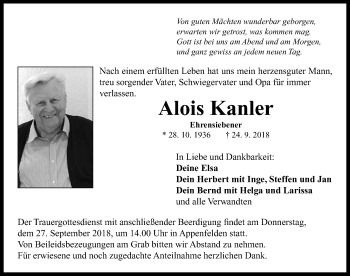 Traueranzeige von Alois Kanler von Neustadt/ Scheinfeld/ Uffenheim