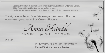 Traueranzeige von Anna Heindel von Ansbach