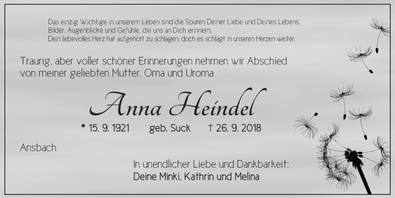  Traueranzeige für Anna Heindel vom 29.09.2018 aus Ansbach