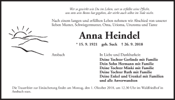 Traueranzeige von Anna Heindel von Ansbach