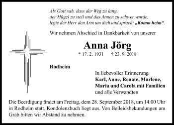 Traueranzeige von Anna Jörg von Neustadt/ Scheinfeld/ Uffenheim