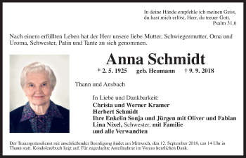 Traueranzeige von Anna Schmidt von Ansbach