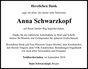 Traueranzeige von Anna Schwarzkopf von Neustadt/ Scheinfeld/ Uffenheim