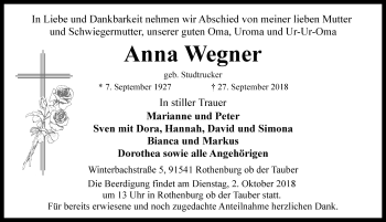 Traueranzeige von Anna Wegner von Rothenburg