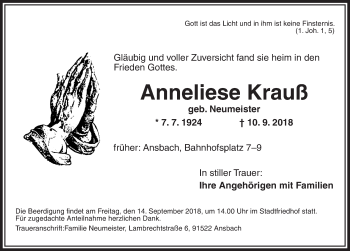 Traueranzeige von Anneliese Krauß von Ansbach