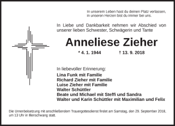 Traueranzeige von Anneliese Zieher von Dinkelsbuhl/ Feuchtwangen