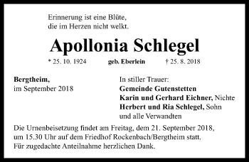 Traueranzeige von Apollonia Schlegel von Neustadt/ Scheinfeld/ Uffenheim