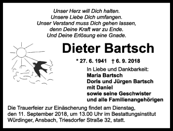 Traueranzeige von Dieter Bartsch von Ansbach