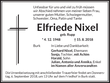 Traueranzeige von Elfriede Nixel von Dinkelsbühl/ Feuchtwangen