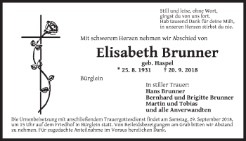 Traueranzeige von Elisabeth Brunner von Ansbach